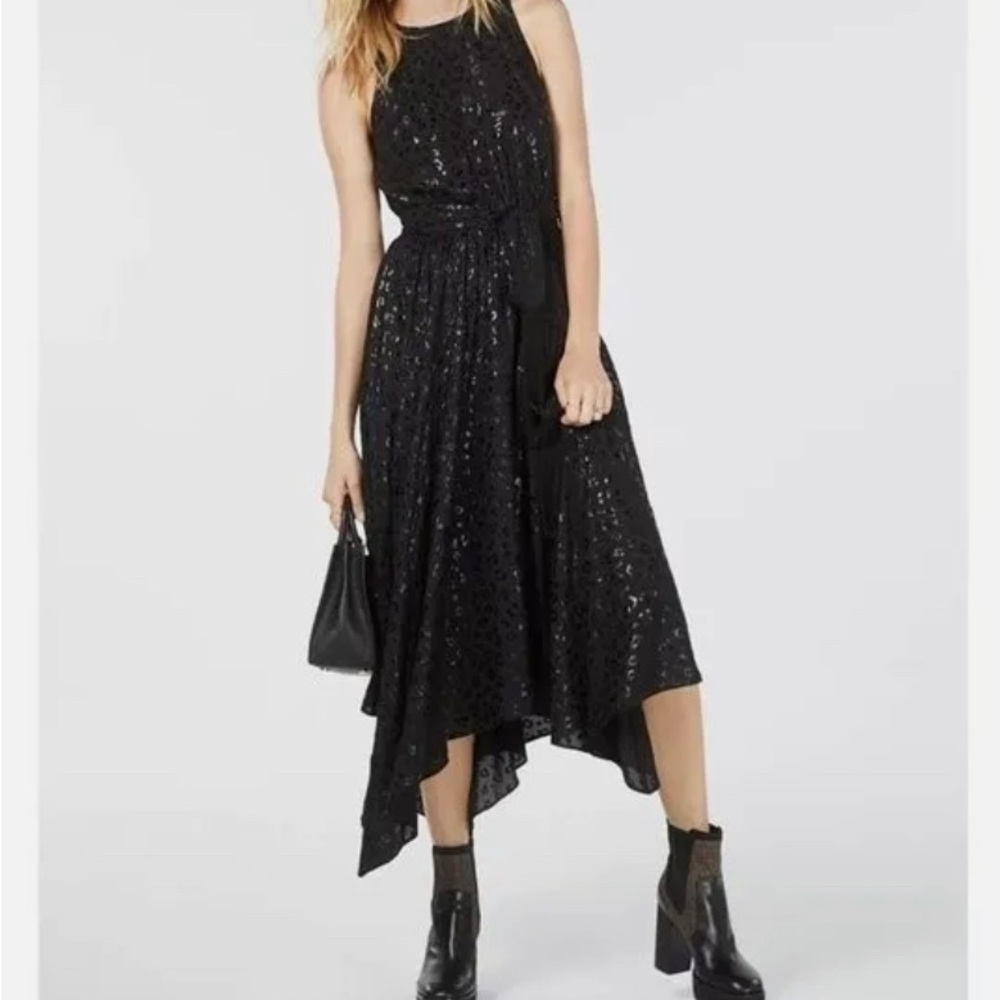 MICHAEL Michael Kors Leopard Print Handkerchief Hem Halter Maxi Dress Black